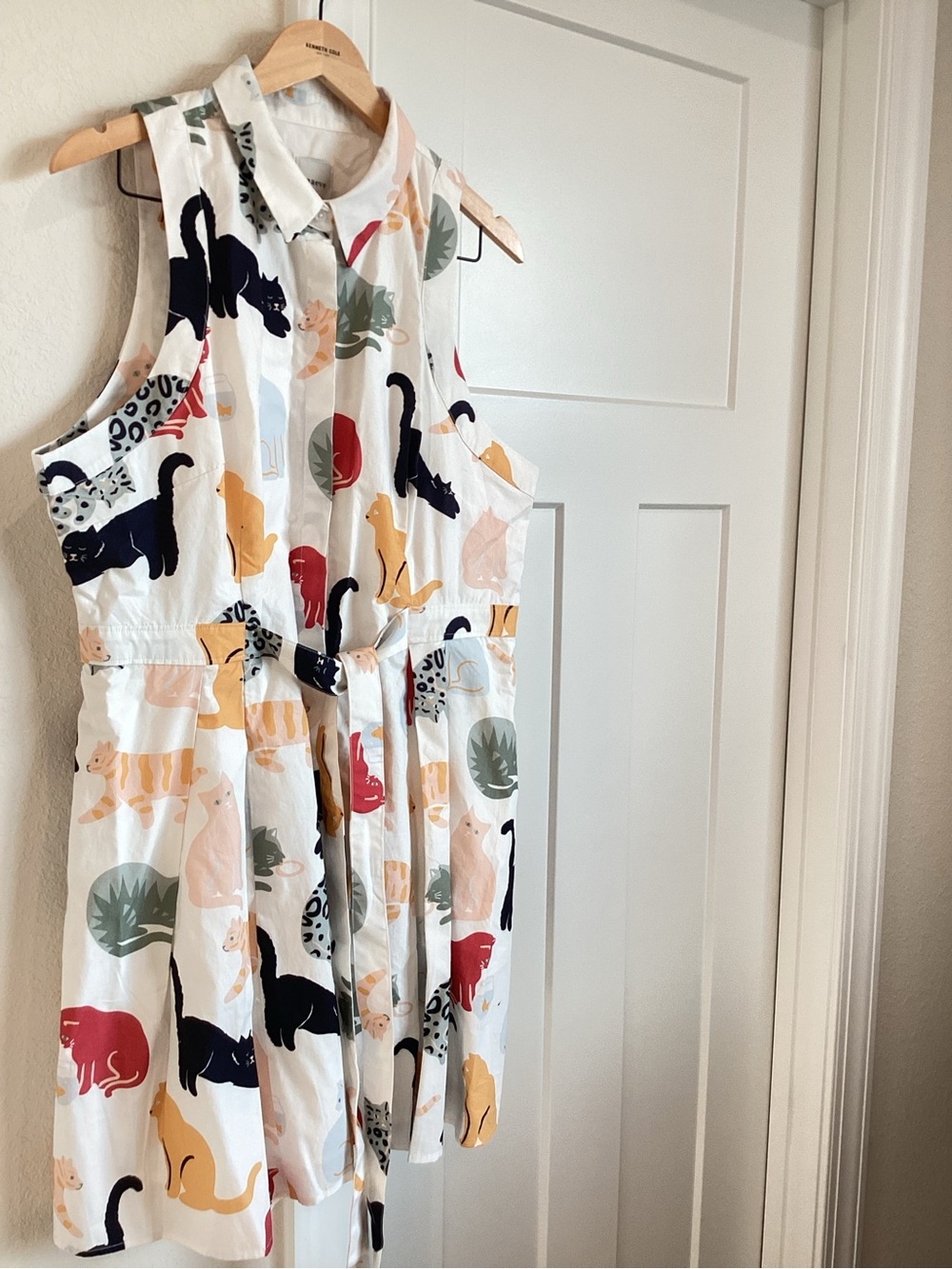 Anthropologie Belted Mini Shirt Dress Fit & Flare New XL Novelty Ivory Cats - Picture 5 of 11